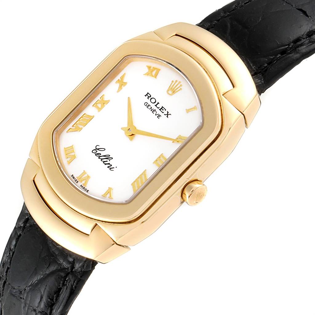 The image shows a Rolex Cellini 6691 Women's Yellow Gold White Dial 6691 Women's Yellow Gold White Dial watch at a slight angle displaying its face, gold casing, crown, and black leather strap.