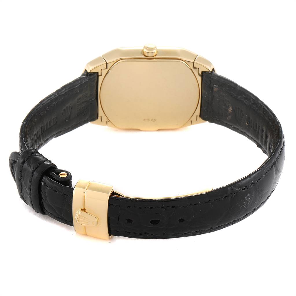 This image shows the back and leather strap of a Rolex Cellini 6691 Women's Yellow Gold White Dial 6691 Women's Yellow Gold White Dial watch from a rear angle.