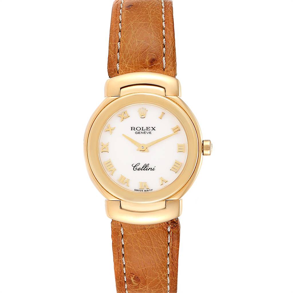 This image shows a front view of the Rolex Cellini 6621 Women's Yellow Gold White Dial 6621 Women's Yellow Gold White Dial watch, displaying its dial, case, and leather strap.