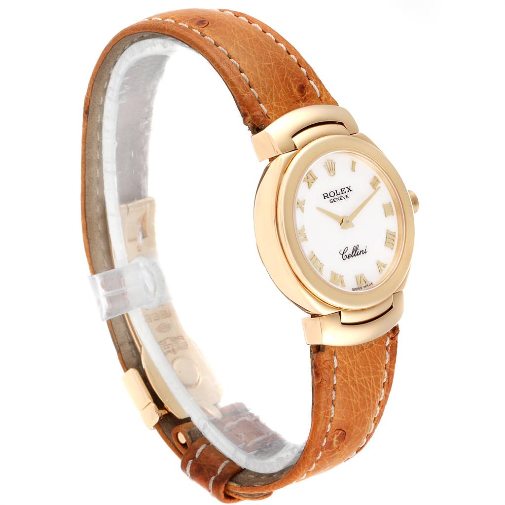 The image shows a Rolex Cellini 6621 Women's Yellow Gold White Dial 6621 Women's Yellow Gold White Dial watch at a three-quarter angle, highlighting its face, case, and brown leather strap.