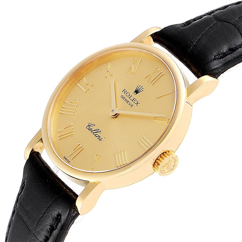 The angle shows the Rolex Cellini 5109 Women's Yellow Gold Champagne Dial 5109 Women's Yellow Gold Champagne Dial watch face, crown, lugs, and leather strap from a slightly tilted frontal perspective.