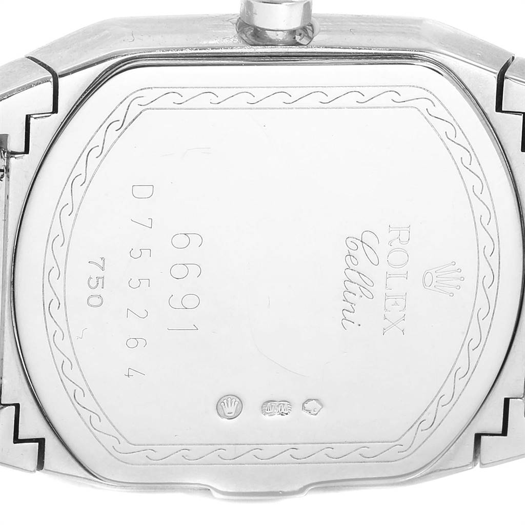 This image shows the back case of a Rolex Cellini 6691 Women's White Gold Champagne Dial 6691 Women's White Gold Champagne Dial watch in a close-up perspective.