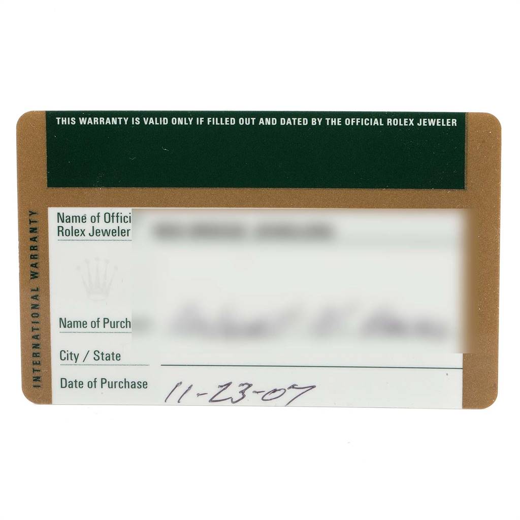 The image shows the international warranty card for a Rolex Cellini 6691 Women's White Gold Champagne Dial 6691 Women's White Gold Champagne Dial watch, displaying purchase details.