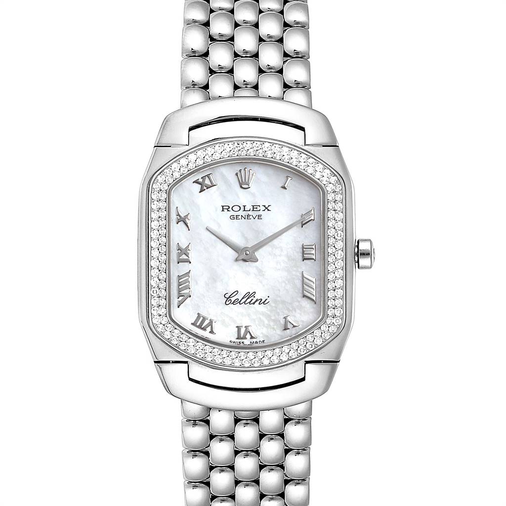 The image shows a frontal view of a Rolex Cellini 6691 Women's White Gold Champagne Dial 6691 Women's White Gold Champagne Dial watch, highlighting the face, roman numerals, and bracelet.