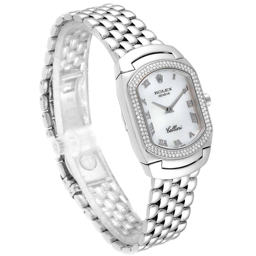 The image shows a Rolex Cellini 6691 Women's White Gold Champagne Dial 6691 Women's White Gold Champagne Dial watch at a slight angle highlighting the face, bracelet, and diamond-studded bezel.