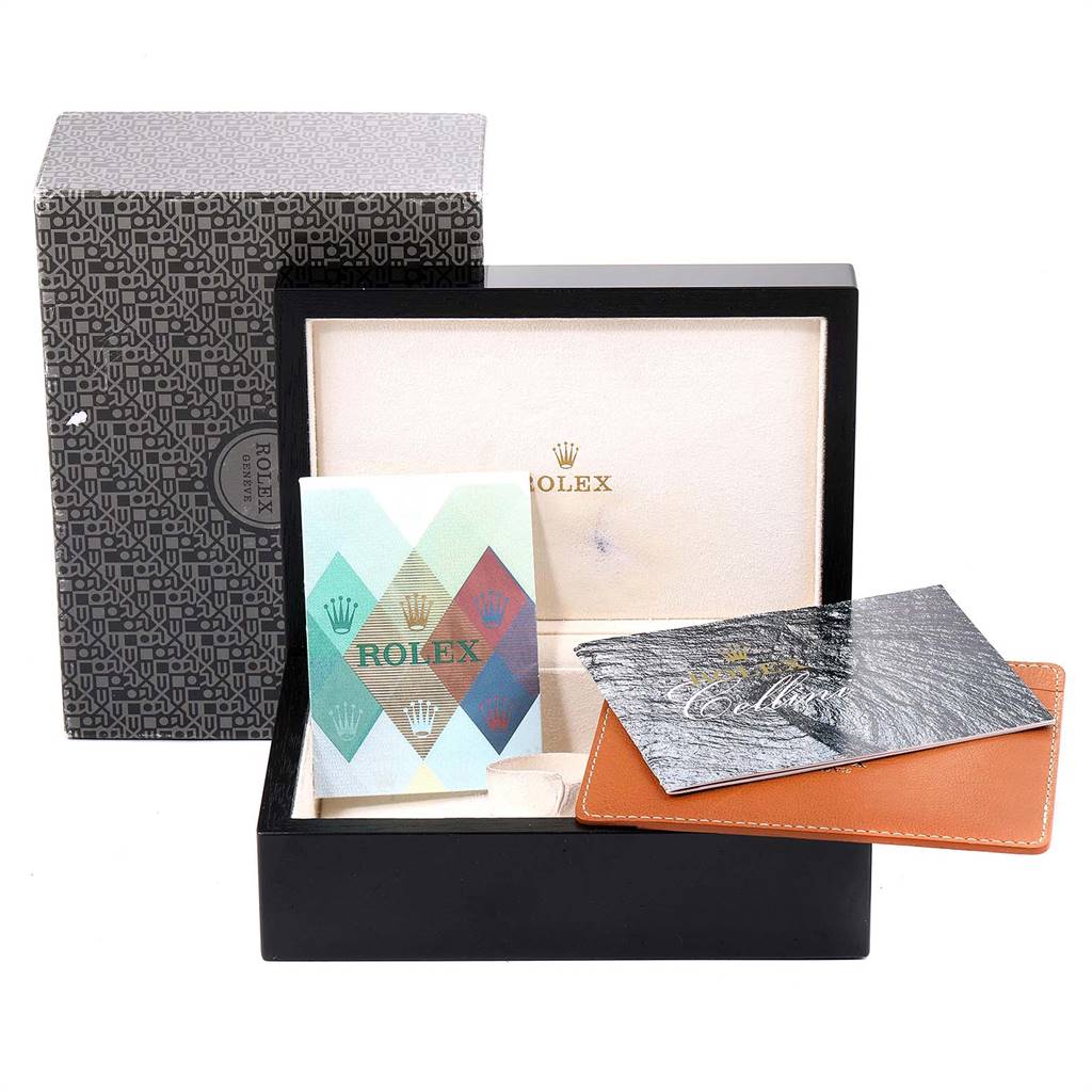 This image shows the packaging and accessories for a Rolex Cellini 6693 Women's White Gold Pink Dial 6693 Women's White Gold Pink Dial watch, including the box, manual, and paperwork.