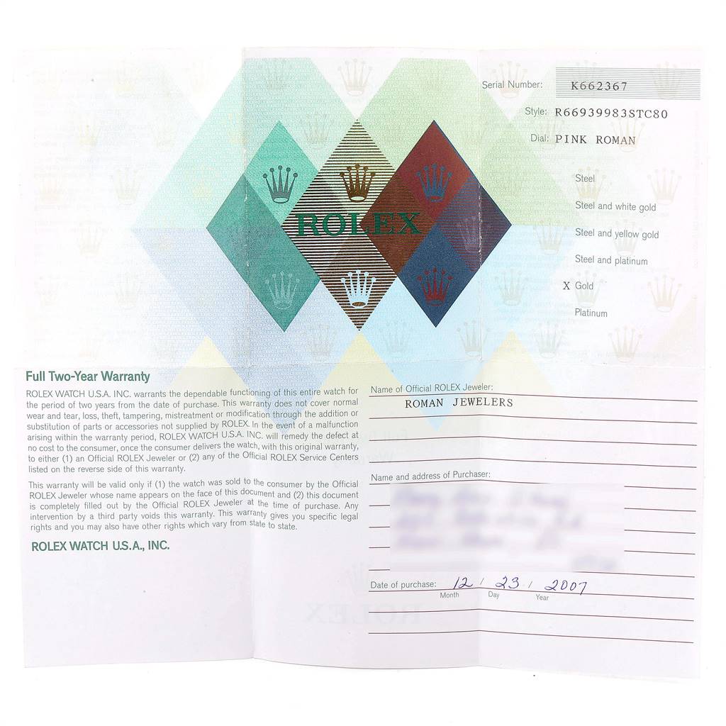 This image shows a Rolex warranty card for a Cellini model, detailing its serial and style numbers, dial type, and purchase information.