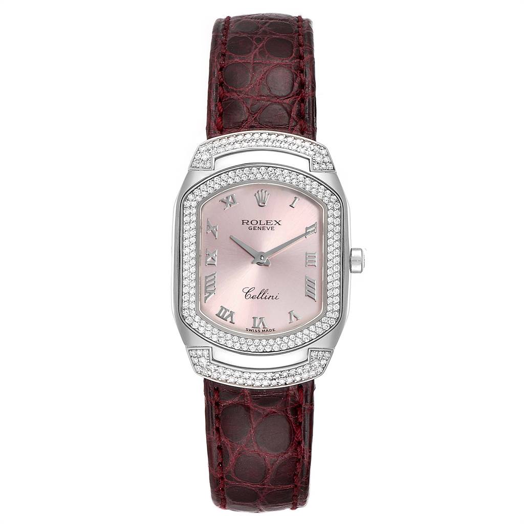 The image shows a front view of a Rolex Cellini 6693 Women's White Gold Pink Dial 6693 Women's White Gold Pink Dial watch with a red leather strap and diamond-encrusted bezel.