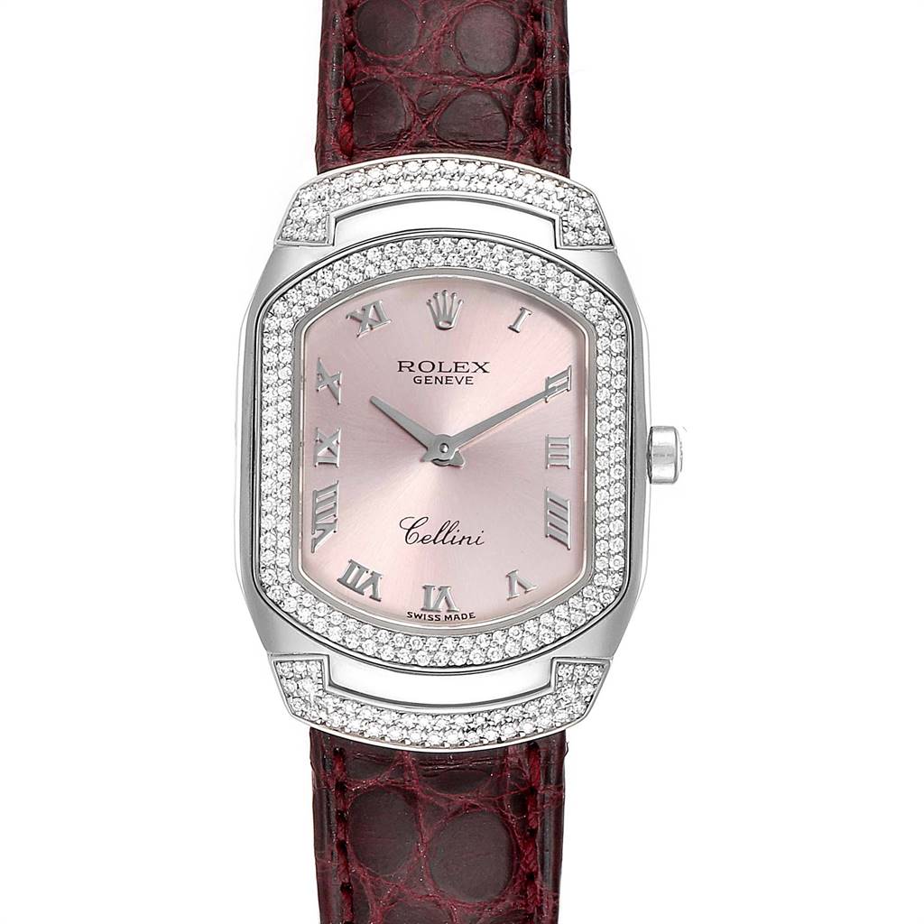 The Rolex Cellini 6693 Women's White Gold Pink Dial 6693 Women's White Gold Pink Dial watch is shown from a top-down angle, displaying the face, bezel, and leather strap.