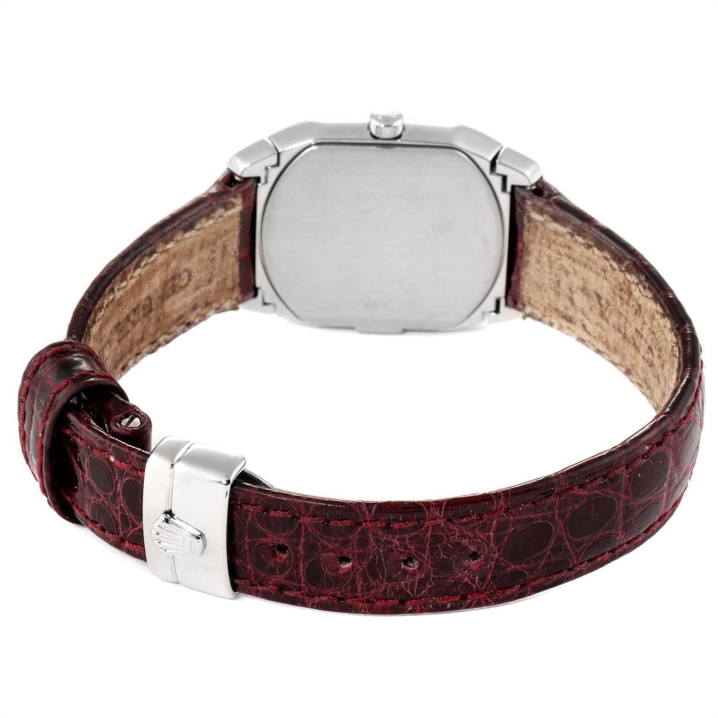 This image shows the back view of a Rolex Cellini 6693 Women's White Gold Pink Dial 6693 Women's White Gold Pink Dial watch, highlighting the case back and leather strap with a buckle.