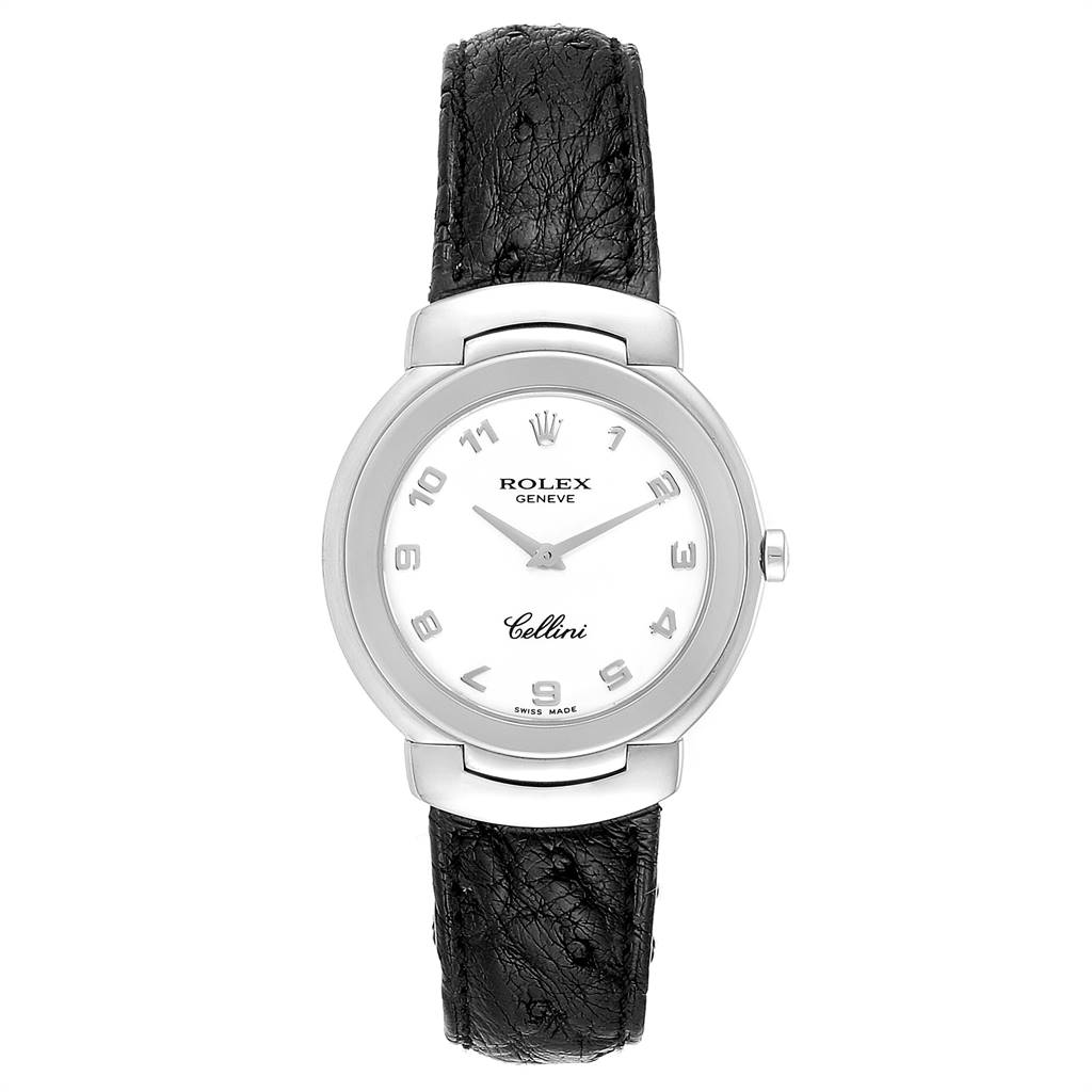 The image shows a front view of a Rolex Cellini 6622 Women's White Gold White Dial 6622 Women's White Gold White Dial watch with a white dial and black leather strap.