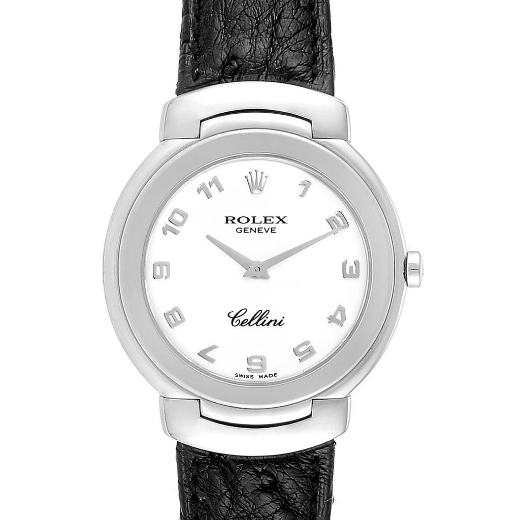 The Rolex Cellini 6622 Women's White Gold White Dial 6622 Women's White Gold White Dial watch is shown from a front angle, displaying the dial, hands, bezel, crown, and part of the leather strap.