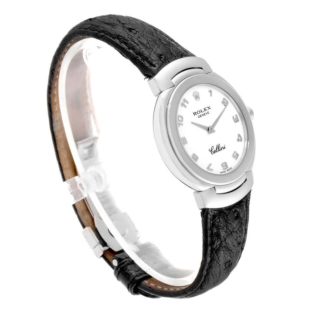 This image shows a side angle of the Rolex Cellini 6622 Women's White Gold White Dial 6622 Women's White Gold White Dial watch, highlighting the round dial and black leather strap.