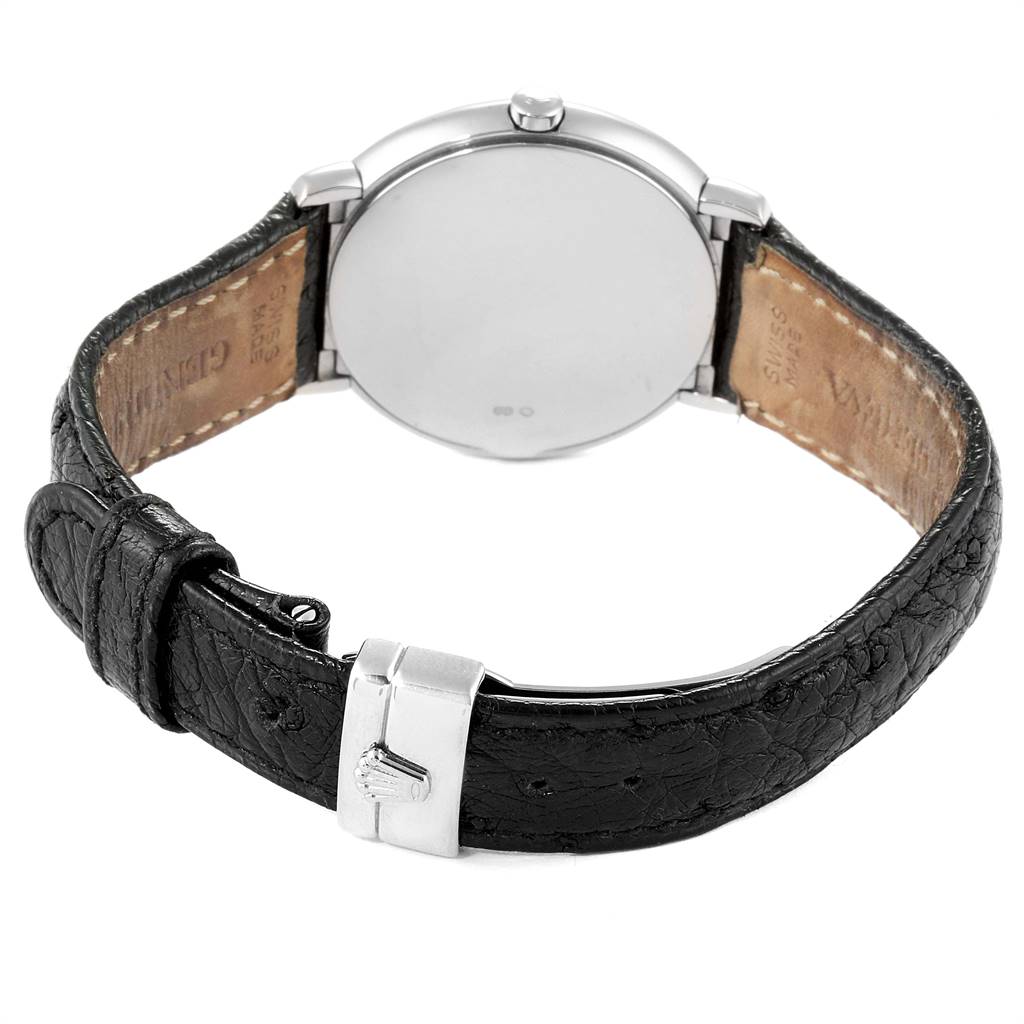 The image shows the back of a Rolex Cellini 6622 Women's White Gold White Dial 6622 Women's White Gold White Dial watch, including the case back and leather strap with a buckle.