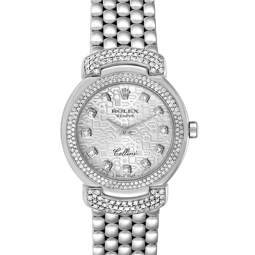 The image shows a front view of the Rolex Cellini 6673 Women
s White Gold Silver Dial 6673 Women
s White Gold Silver Dial watch, highlighting its face, bezel, dial, and part of the bracelet.