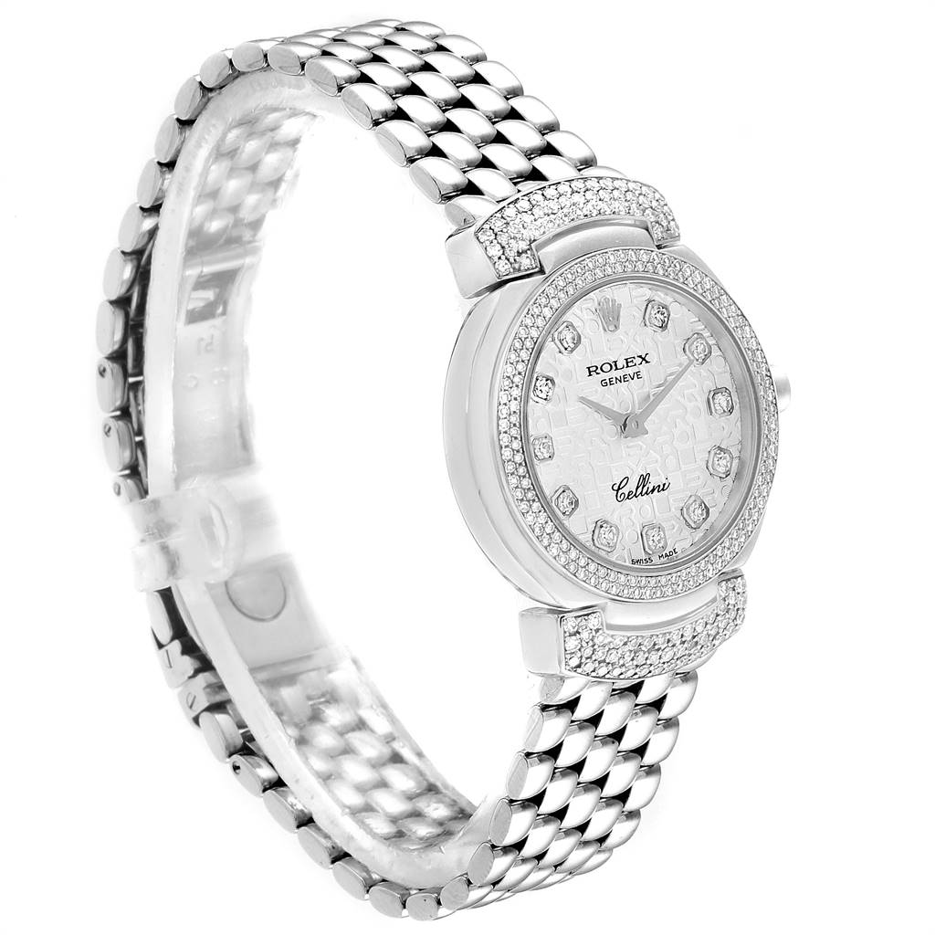 The image shows a Rolex Cellini 6673 Women
s White Gold Silver Dial 6673 Women
s White Gold Silver Dial watch from a side angle, displaying its dial, bezel, and bracelet.