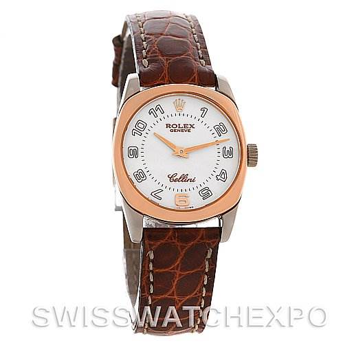 This Rolex Cellini 6229 Women's White Gold White Dial 6229 Women's White Gold White Dial watch is shown from a front angle, displaying the dial, bezel, crown, and leather strap.