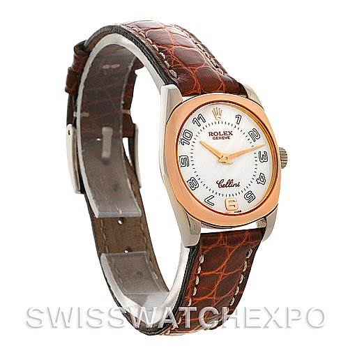 The image shows a Rolex Cellini 6229 Women's White Gold White Dial 6229 Women's White Gold White Dial watch from a front-left angle, featuring its dial, bezel, crown, and brown leather strap.