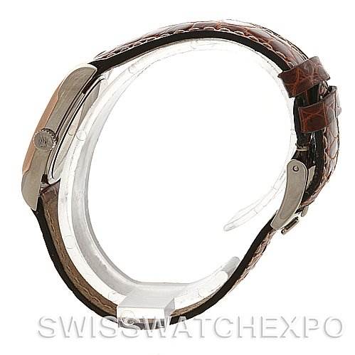 This image shows a Rolex Cellini 6229 Women's White Gold White Dial 6229 Women's White Gold White Dial watch from a side angle, highlighting the crown, case, and brown leather strap.