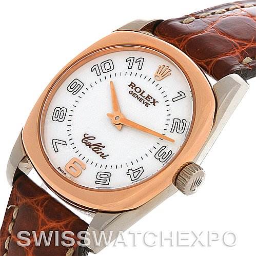 The Rolex Cellini 6229 Women's White Gold White Dial 6229 Women's White Gold White Dial watch is shown angled slightly above with a focus on the face, crown, and leather strap.