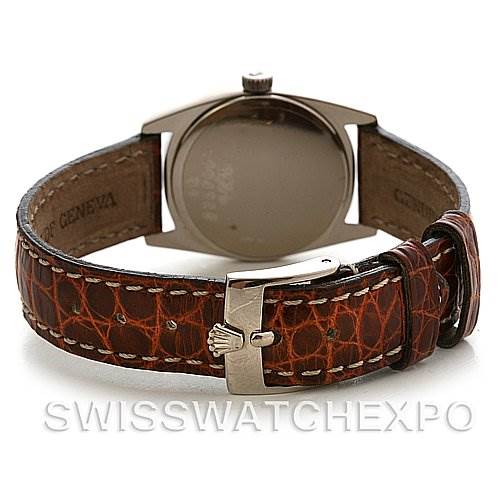 This image shows the back of a Rolex Cellini 6229 Women's White Gold White Dial 6229 Women's White Gold White Dial watch, focusing on the leather strap and the buckle.