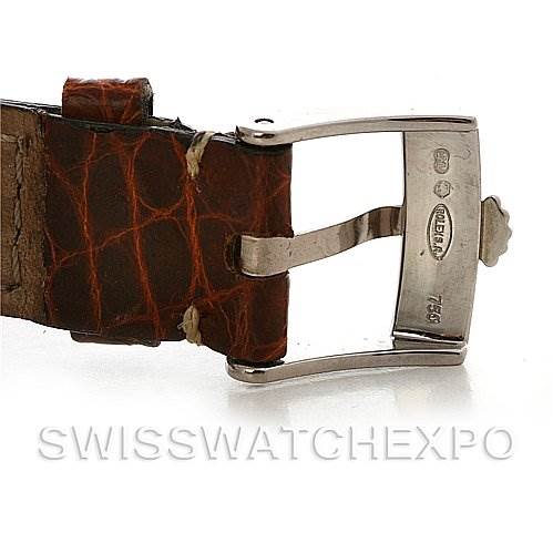 The image shows a close-up of the buckle and part of the leather strap of a Rolex Cellini 6229 Women's White Gold White Dial 6229 Women's White Gold White Dial watch.