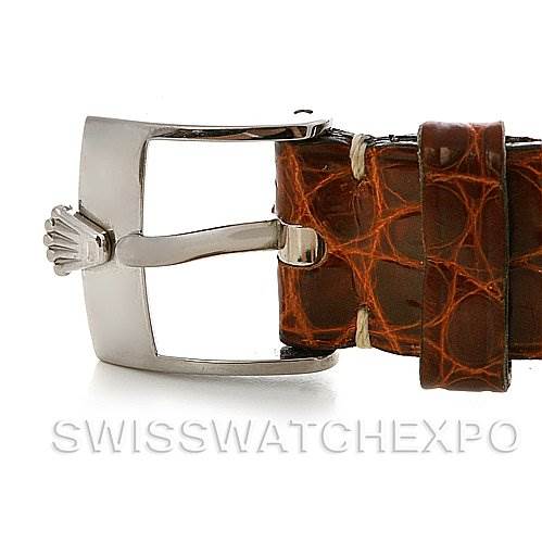 This image shows a close-up of the buckle and leather strap of a Rolex Cellini 6229 Women's White Gold White Dial 6229 Women's White Gold White Dial watch.