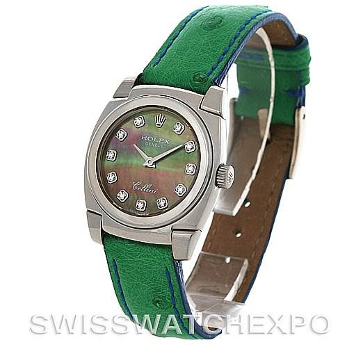 This image shows a Rolex Cellini 5310 Women's White Gold Mother of Pearl Dial 5310 Women's White Gold Mother of Pearl Dial watch at a slight angle, highlighting the green leather strap, face, bezel, and crown.