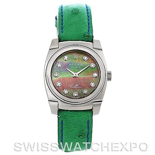This image shows a front view of a Rolex Cellini 5310 Women's White Gold Mother of Pearl Dial 5310 Women's White Gold Mother of Pearl Dial watch with a green strap and jewel-encrusted dial.