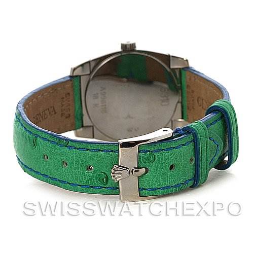 The image shows the backside of a Rolex Cellini 5310 Women's White Gold Mother of Pearl Dial 5310 Women's White Gold Mother of Pearl Dial watch, highlighting its green strap and clasp.