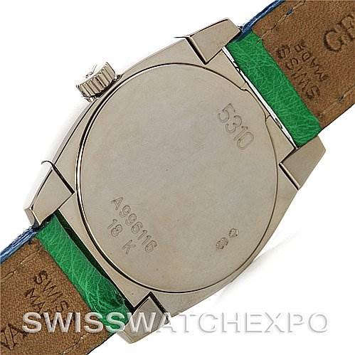 This image shows the back of a Rolex Cellini 5310 Women's White Gold Mother of Pearl Dial 5310 Women's White Gold Mother of Pearl Dial watch, displaying the case back, crown, and leather strap.