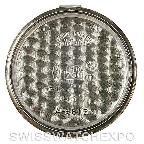 This image shows the inside case back of a Rolex Cellini 5310 Women's White Gold Mother of Pearl Dial 5310 Women's White Gold Mother of Pearl Dial model watch, displaying various engravings and markings.