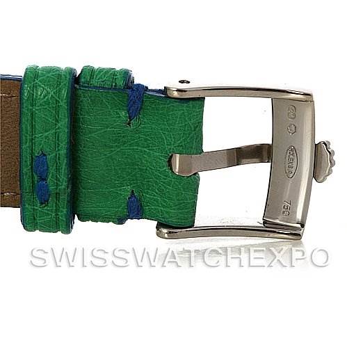 This image shows a close-up of the buckle and green leather strap of a Rolex Cellini 5310 Women's White Gold Mother of Pearl Dial 5310 Women's White Gold Mother of Pearl Dial watch.