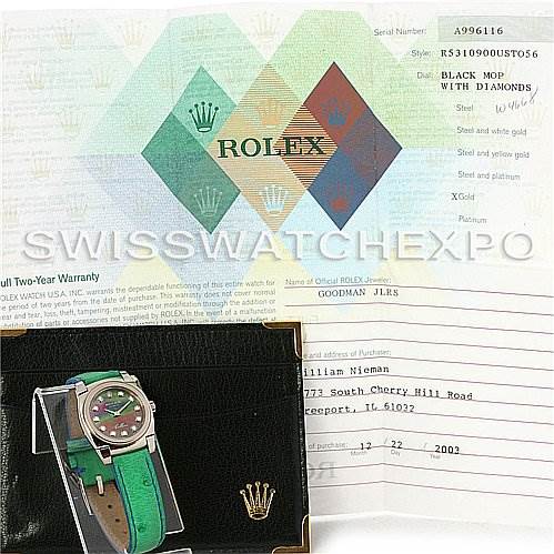 The image shows a Rolex Cellini 5310 Women's White Gold Mother of Pearl Dial 5310 Women's White Gold Mother of Pearl Dial watch, displayed with its certificate and documents, highlighting the watch face and green strap.