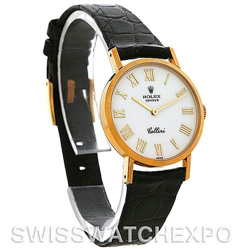 The image shows a front angled view of a Rolex Cellini 4109 Women
s Yellow Gold White Dial 4109 Women
s Yellow Gold White Dial watch, displaying the dial, bezel, strap, and lugs.