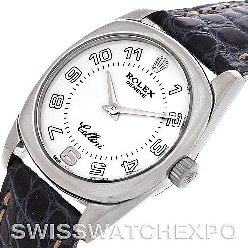 The image shows a close-up angle of a Rolex Cellini 6229 Women's White Gold White Dial 6229 Women's White Gold White Dial watch, highlighting its dial, case, and part of the strap.