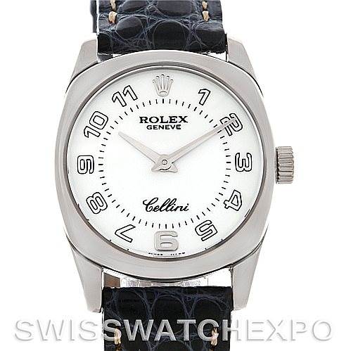 The image shows a front angle of a Rolex Cellini 6229 Women's White Gold White Dial 6229 Women's White Gold White Dial watch displaying its dial, hands, bezel, and part of the leather strap.