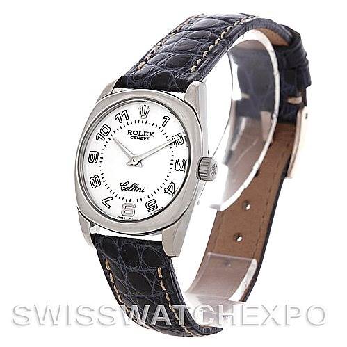 The image shows a Rolex Cellini 6229 Women's White Gold White Dial 6229 Women's White Gold White Dial watch at a slight left-side angle, highlighting the face, dial, crown, and leather strap.