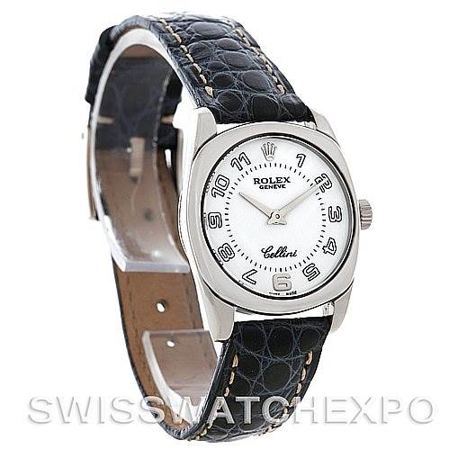 This image shows a Rolex Cellini 6229 Women's White Gold White Dial 6229 Women's White Gold White Dial watch from an angled top-front perspective, highlighting its black leather strap and white dial.