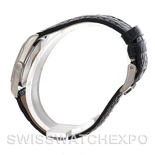 The image shows a side view of the Rolex Cellini 6229 Women's White Gold White Dial 6229 Women's White Gold White Dial watch, highlighting its case, crown, and black leather strap.