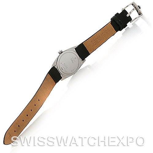 The image shows the back view of a Rolex Cellini 6229 Women's White Gold Black Dial 6229 Women's White Gold Black Dial watch, highlighting the leather strap and the case back.