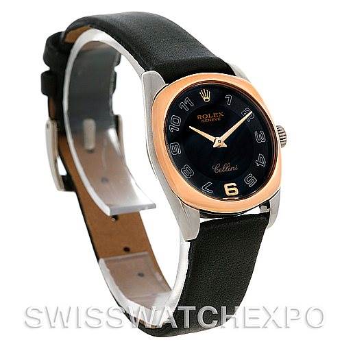 This image shows a Rolex Cellini 6229 Women's White Gold Black Dial 6229 Women's White Gold Black Dial watch from a slight side angle, highlighting its black leather strap, rose gold bezel, and black dial.