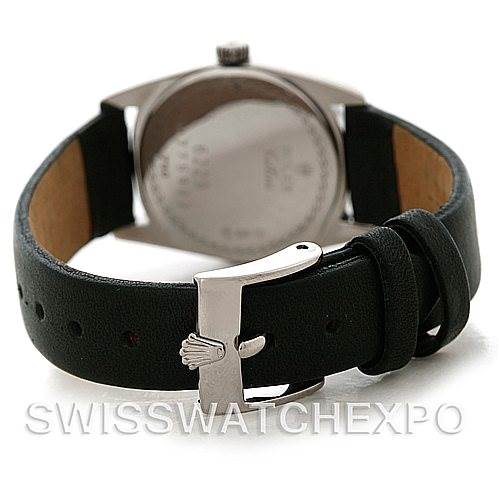 The image shows the back of the Rolex Cellini 6229 Women's White Gold Black Dial 6229 Women's White Gold Black Dial watch, focusing on the leather strap and clasp.