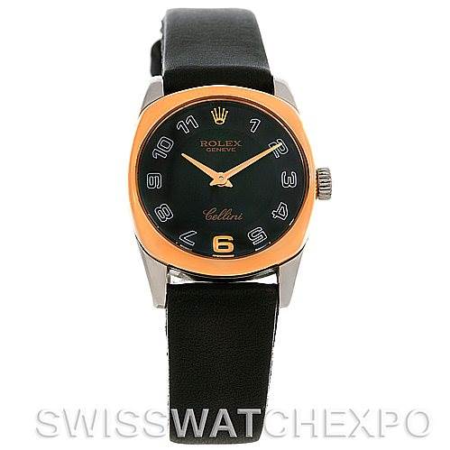 The image shows a front view of a Rolex Cellini 6229 Women's White Gold Black Dial 6229 Women's White Gold Black Dial watch, featuring its face, bezel, crown, and strap.