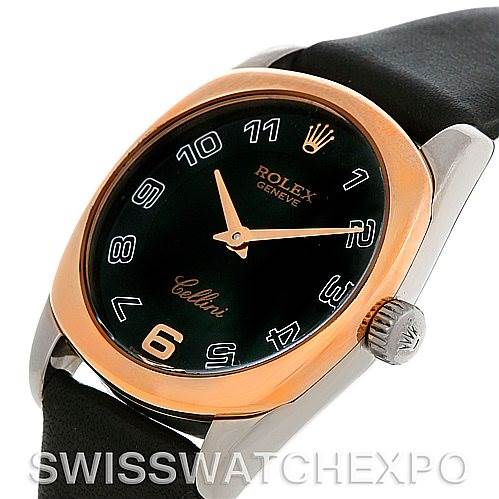 The image shows a Rolex Cellini 6229 Women's White Gold Black Dial 6229 Women's White Gold Black Dial watch at a slight angle, featuring the dial, crown, and part of the strap.