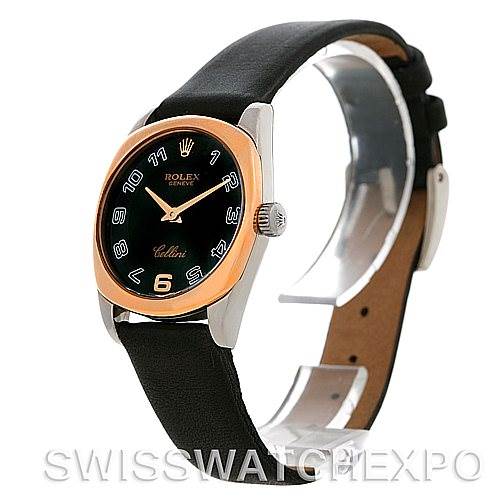 The Rolex Cellini 6229 Women's White Gold Black Dial 6229 Women's White Gold Black Dial watch is shown at a three-quarter angle, displaying the dial, crown, bezel, and leather strap.