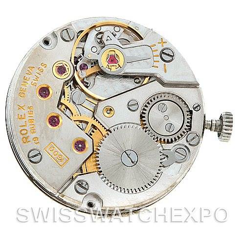 This image shows the movement mechanism of a Rolex Cellini Women's Yellow Gold Silver Dial Women's Yellow Gold Silver Dial watch from a top-down angle.