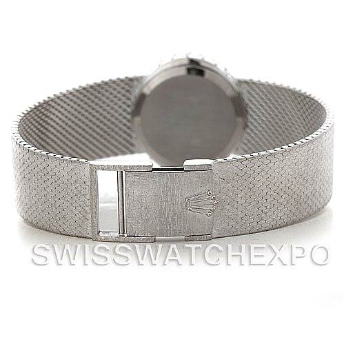 This image shows the back view of a Rolex Cellini Women's Yellow Gold Silver Dial Women's Yellow Gold Silver Dial watch, highlighting its mesh bracelet and clasp.