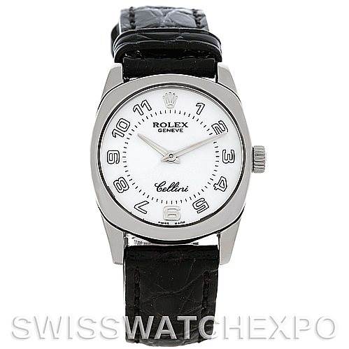 The image shows the face and strap of a Rolex Cellini 6229 Women's White Gold White Dial 6229 Women's White Gold White Dial watch, featuring a white dial and black leather band.