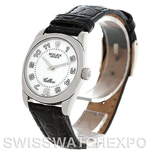 The image shows a Rolex Cellini 6229 Women's White Gold White Dial 6229 Women's White Gold White Dial watch at an angle displaying the dial, bezel, crown, case, and leather strap.